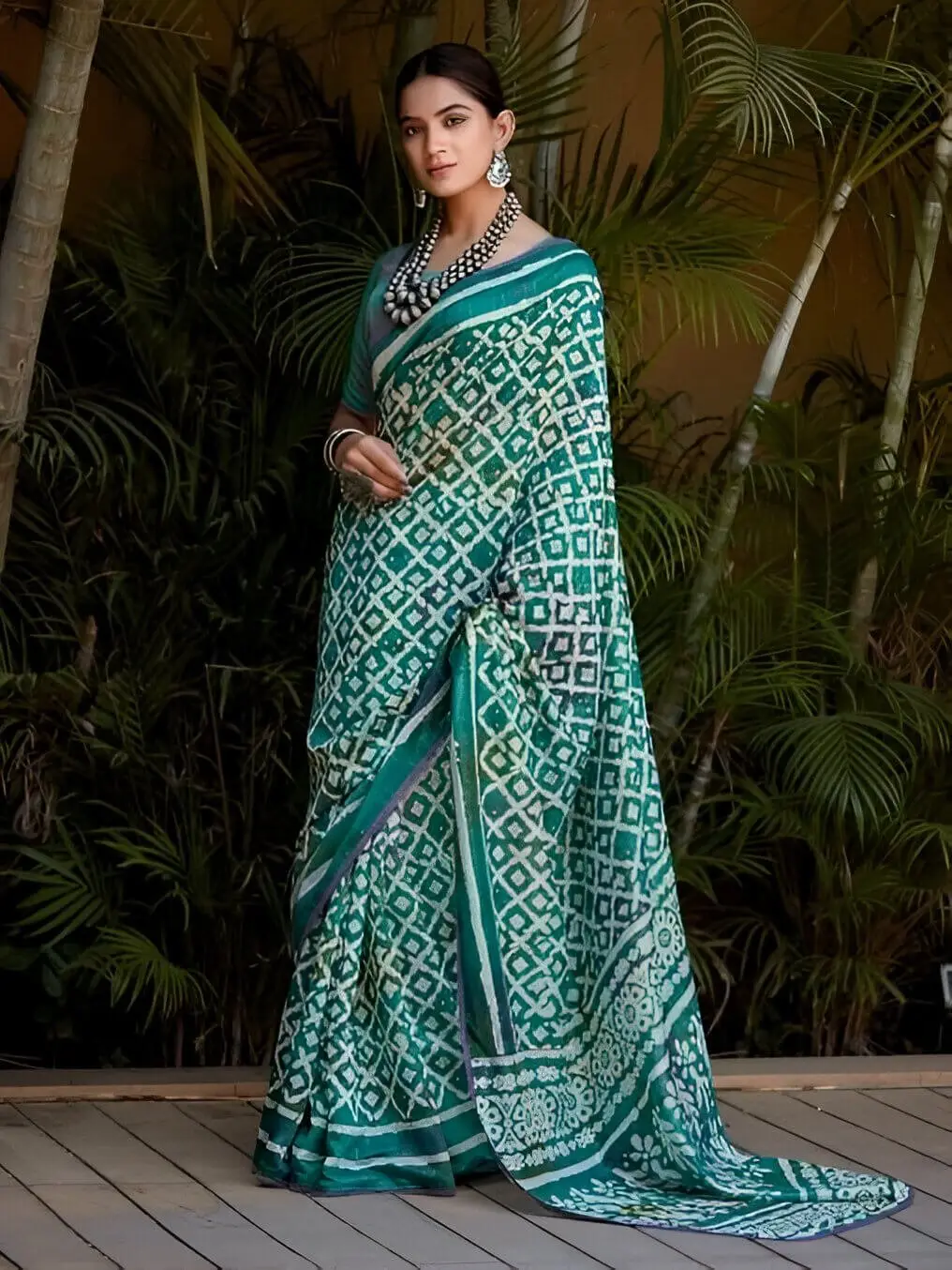 Shimmer and Shine with Teal and White Hand Batik Printed Cotton Saree