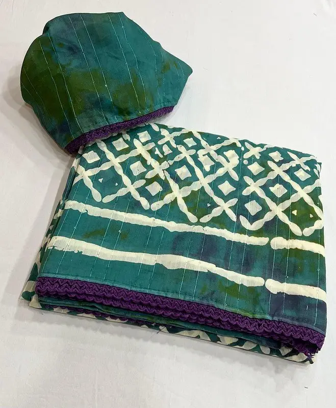 Shimmer and Shine with Teal and White Hand Batik Printed Cotton Saree image 3