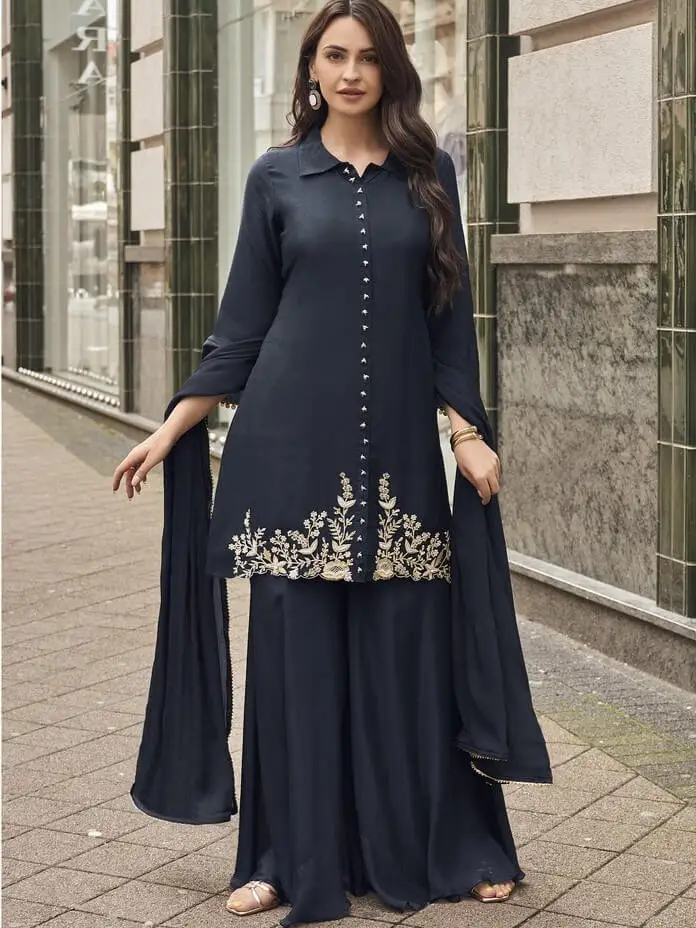Elevate Your Aura with Black Viscose Jacquard Silk Embroidered Suit Set